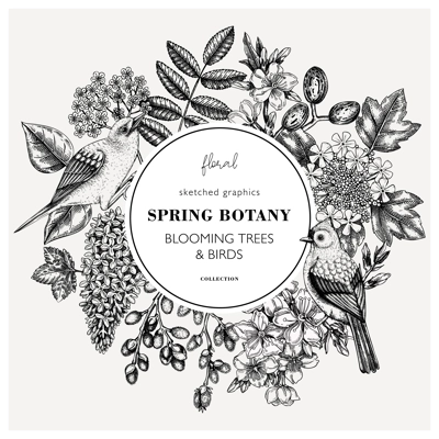 Vintage spring hand drawn wreath template. Floral frame designs with birds, flowers, leaves and blooming tree branches. Almond, willow, rowan, willow, lilac, cherry blossom sketches for card prints